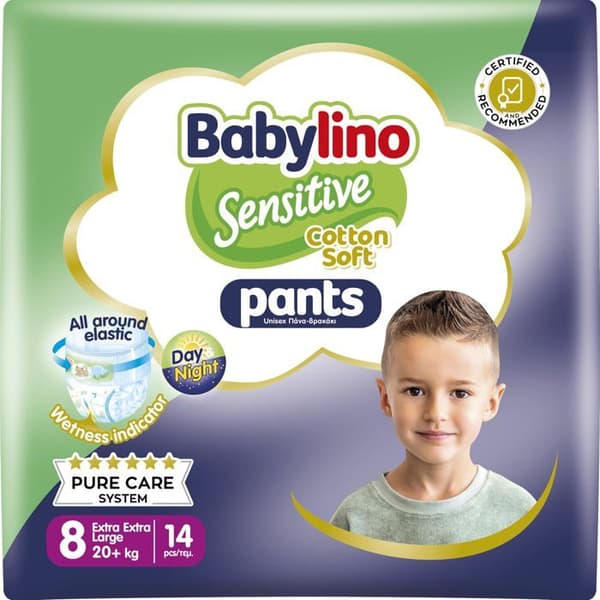 Inkontinensprodukter - urinläckage - enures Babylino Sensitive Cotton Soft, 14 Målvärda Blöjor, Storlek 8 (20+ Kg)