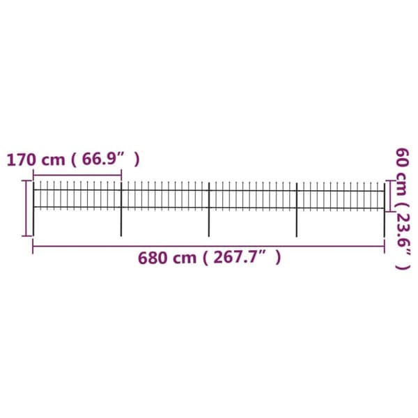 vidaXL Puutarha-aita keihäskärjillä 6,8x0,6 m teräs musta