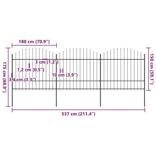 vidaXL Hagegjerde med spydtopp stål (1,5-1,75)x5,1 m svart