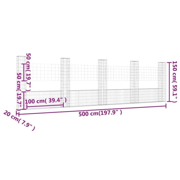 vidaXL U-muotoiset kivikorit 5 pylväällä rauta 500x20x150 cm