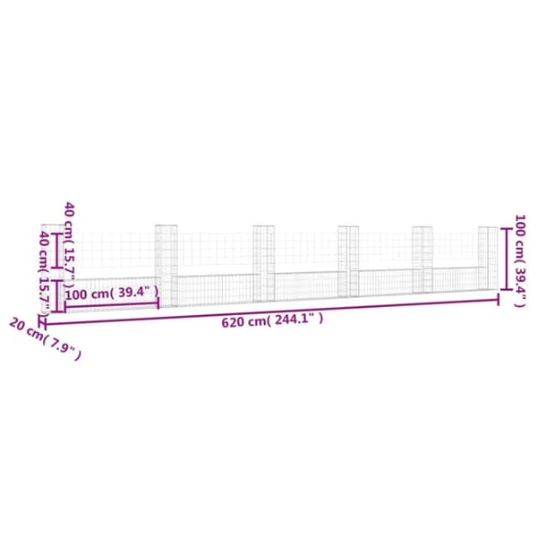 vidaXL U-muotoiset kivikorit 6 pylväällä rauta 620x20x100 cm