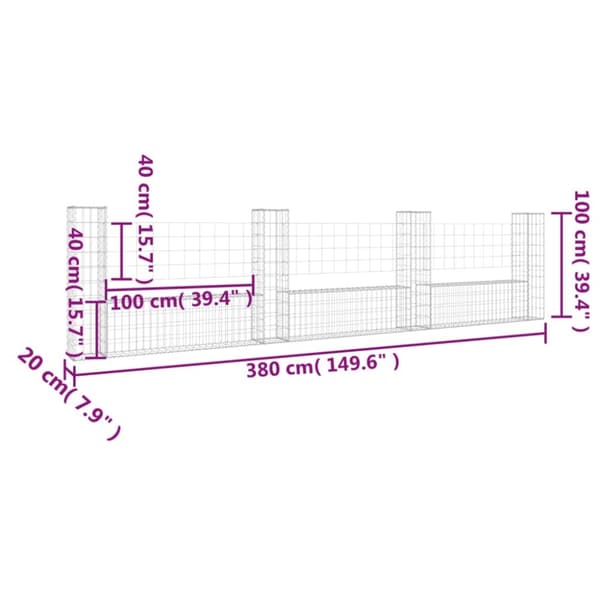 vidaXL gabionkurv med 4 stolper 380x20x100 cm U-facon jern