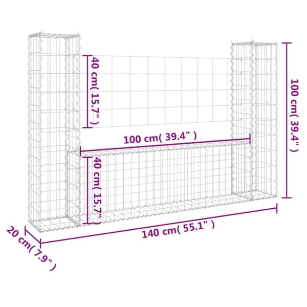 vidaXL U-muotoiset kivikorit 2 pylväällä rauta 140x20x100 cm