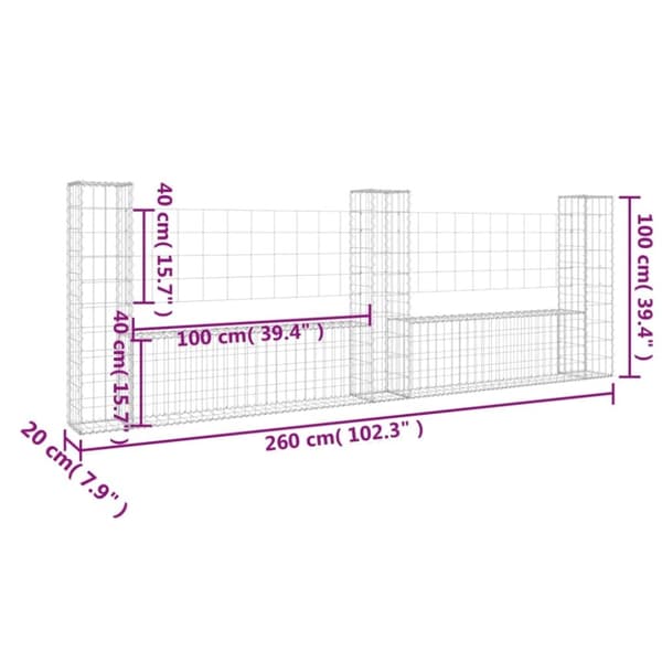 vidaXL gabionkurv med 3 stolper 260x20x100 cm U-facon jern