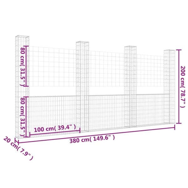 vidaXL U-muotoiset kivikorit 4 pylväällä rauta 380x20x200 cm