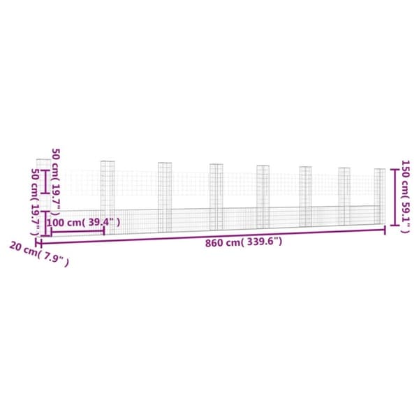 vidaXL Gabionkurv u-formet med 8 stolper jern 860x20x150 cm