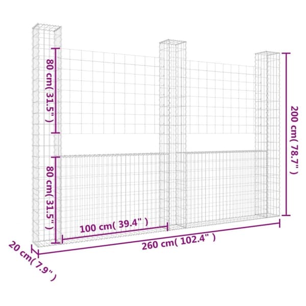 vidaXL gabionkurv med 3 stolper 260x20x200 cm U-facon jern