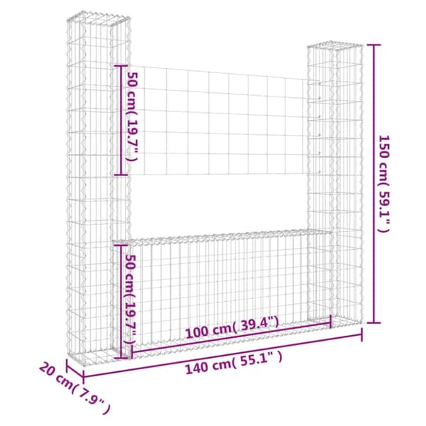vidaXL Gabionkurv u-formet med 2 stolper jern 140x20x150 cm