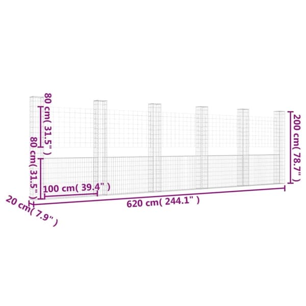 vidaXL U-muotoiset kivikorit 6 pylväällä rauta 620x20x200 cm