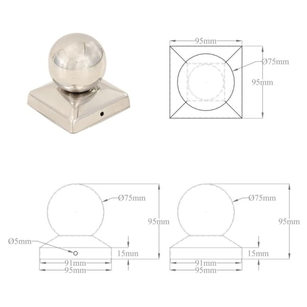 Pallon muotoiset tolpan kärjet 6 kpl ruostumaton teräs 91x91 mm
