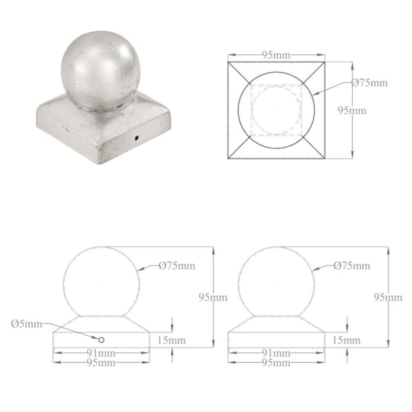Pallon muotoiset tolpan kärjet 6 kpl galvanoitu metalli 91x91mm