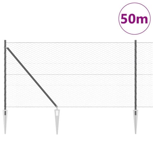 Sexkantigt Stängsel Grå 1x50 m Stål, vidaXL Stängselstolpar med Spik 13 st Ø32 mm 120 cm Galvaniserat Stål