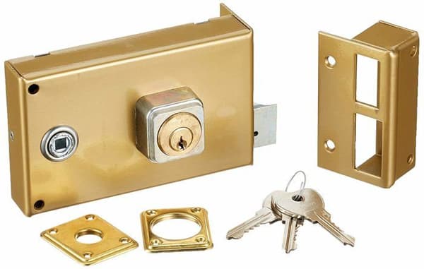 Bricard - 1821 - FOUILLOT Horisontellt ytmonterat lås 5 stift Vändbar Dra/Push 140x85 GULD Höger, Guld