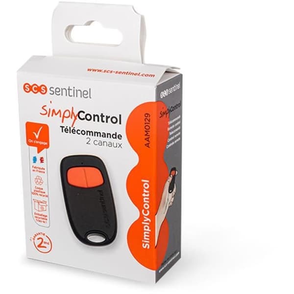 2-kanals fjernbetjening - SCS SENTINEL - SimplyControl - Orange, rækkevidde 40 m, frekvens 433,92 MHz, CR2032 lithiumbatteri medfølger