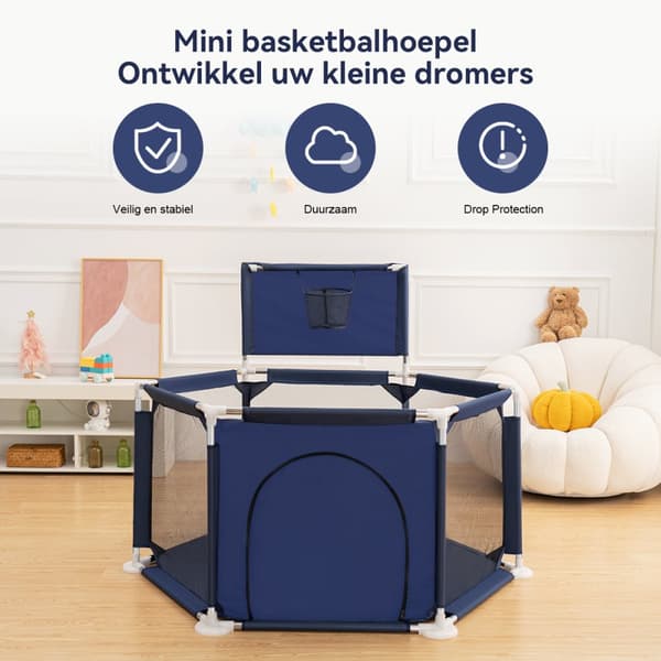Baby Lekpenna med Basketkorg, 130 cm x 66 cm, Färg: Blå