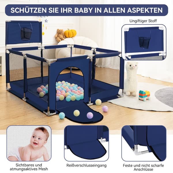 Baby Playpen Barrier koripallokorilla, Hengittävä Mesh Playpen lapsille, Väri: Tummansininen, 128 x 128 x 66 cm