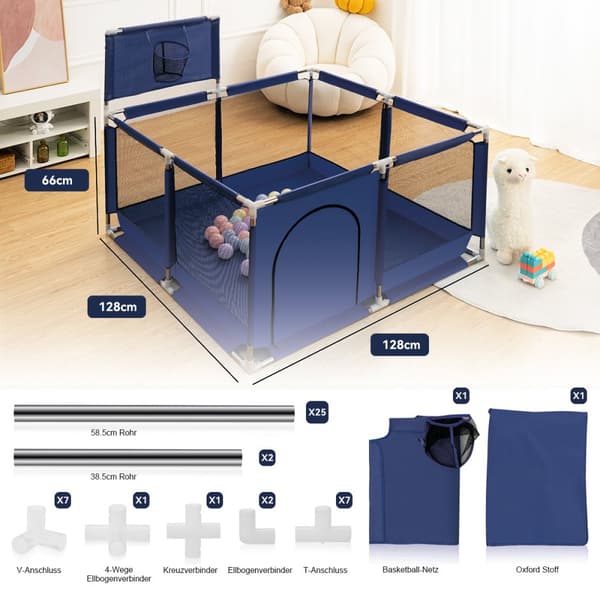 Baby Playpen Barrier koripallokorilla, Hengittävä Mesh Playpen lapsille, Väri: Tummansininen, 128 x 128 x 66 cm