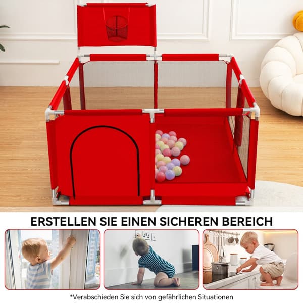 Baby Playpen Barrier koripallokorilla, Hengittävä Mesh Playpen lapsille, Väri: Punainen, 128 x 128 x 66 cm