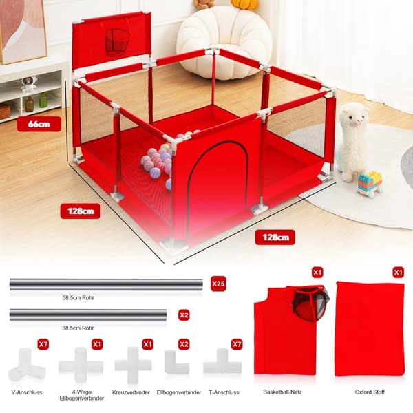 Baby Playpen Barrier koripallokorilla, Hengittävä Mesh Playpen lapsille, Väri: Punainen, 128 x 128 x 66 cm