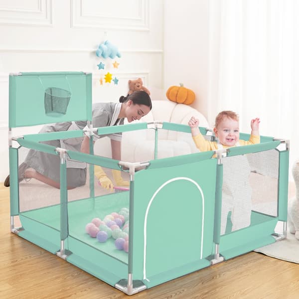 Baby Playpen Barrier with Basketball Basket, Hengittävä Mesh Playpen lapsille, Väri: Vihreä, 128 x 128 x 66 cm