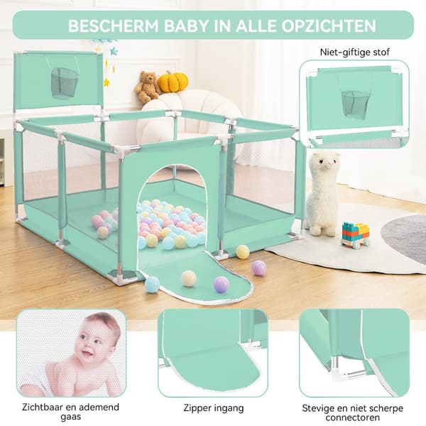 Baby Playpen Barrier with Basketball Basket, Hengittävä Mesh Playpen lapsille, Väri: Vihreä, 128 x 128 x 66 cm