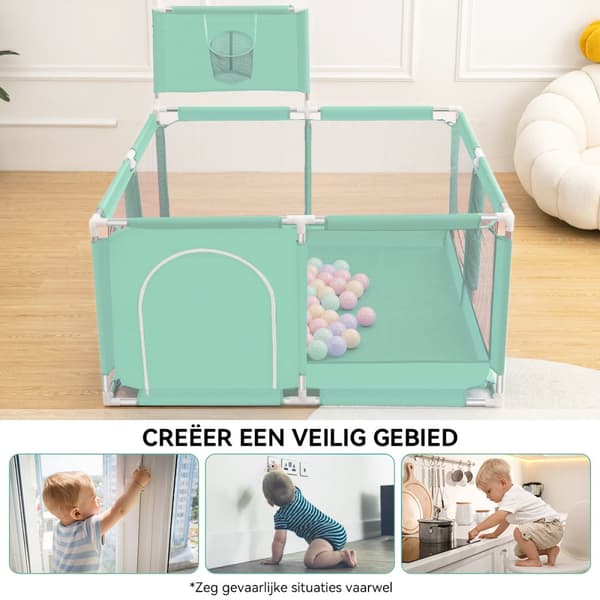 Baby Playpen Barrier with Basketball Basket, Hengittävä Mesh Playpen lapsille, Väri: Vihreä, 128 x 128 x 66 cm
