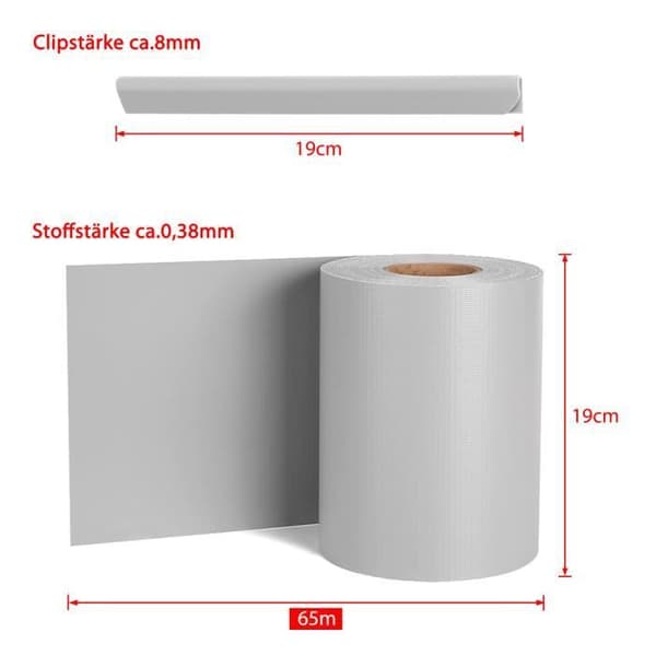Sekretessskärm - XMTECH - Rull 260m x 19cm - UV-beständig PVC - 120 fästen ingår - Grå