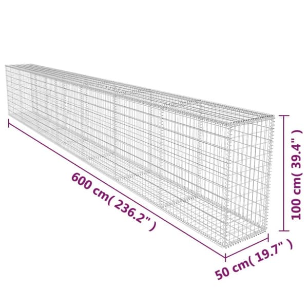 vidaXL gabionvæg med dæksel galvaniseret stål 600 x 50 x 100 cm - Havehegn