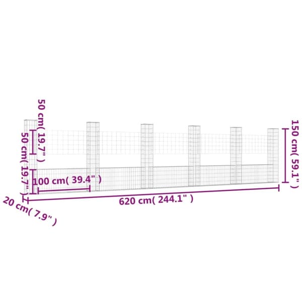 vidaXL gabionkurv med 6 stolper 620x20x150 cm U-facon jern -  Havehegn
