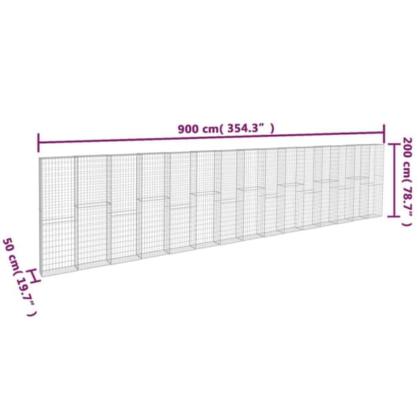 vidaXL gabionvæg med dæksler galvaniseret stål 900 x 50 x 200 cm -  Havehegn