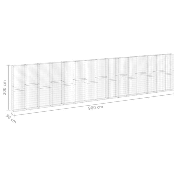 The Living Store gabionvæg med dæksler 900x30x200 cm galvaniseret stål - Havehegn