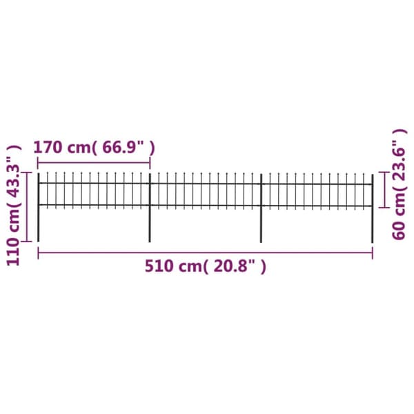 Havehegn med spydtop 5,1 x 0,6 m sort stål - Havehegn - Hegn - Home & Living