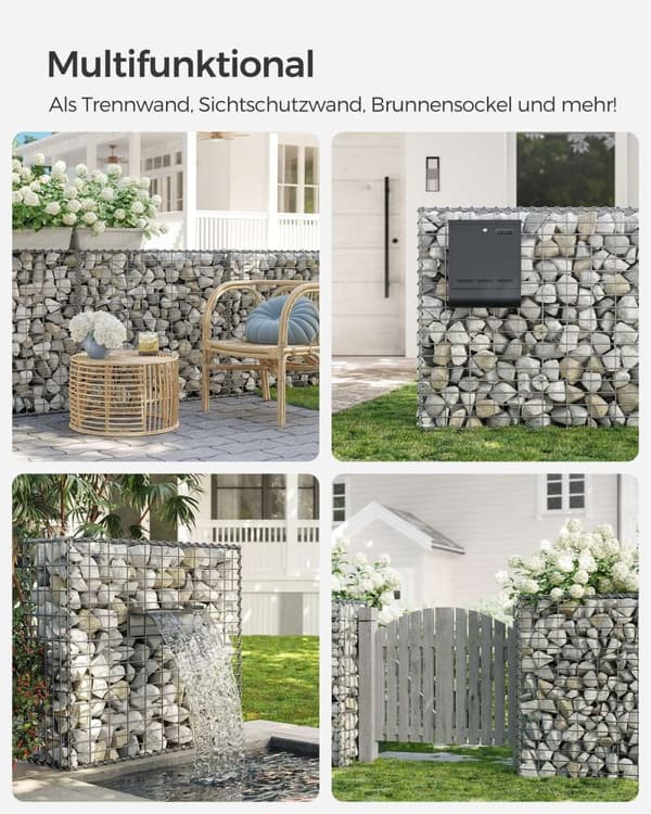 Sølv Rootz Gabion Sæt - Metal Mesh - Spiralpind - Afstandskroge - Galvaniseret stål - 100 cm x 90 cm x 30 cm - Stærk og holdbar - Nem at samle - Alsid