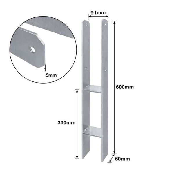 YUENFONG 2st H stolpfäste varmförzinkad gaffel Bredd 91 mm Längd 600 mm