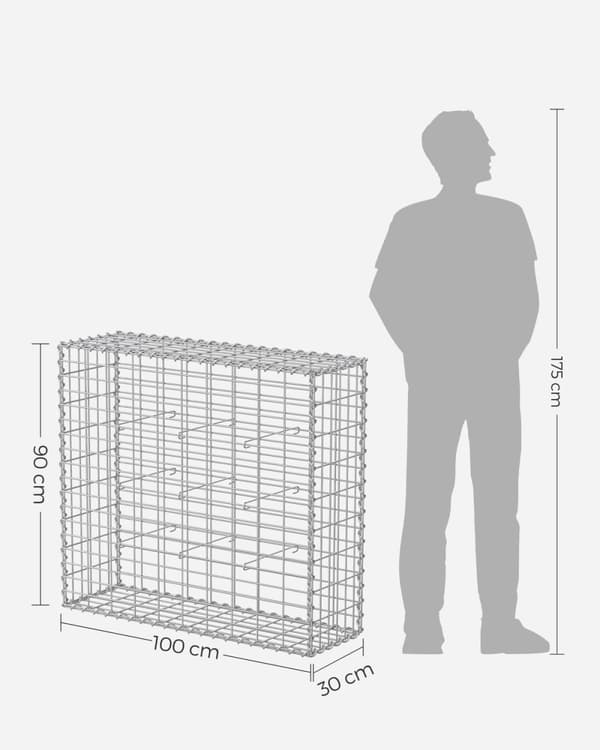 Rootz Large Gabion Kurv - Stenvæg - Trådbure - Galvaniseret stål - 100cm x 90cm x 30cm - Udendørs dekoration - Hegnskurv