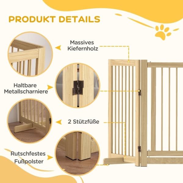 Rootz Dog Gate med dörr - Husdjursbarriär av trä - Massiv furu - Fristående design - Vikbara paneler - 220 cm x 36 cm x 91 cm