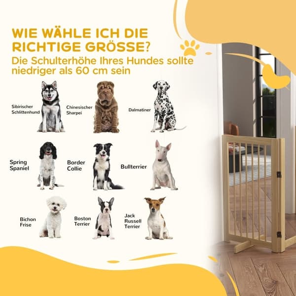 Rootz Dog Gate med dörr - Husdjursbarriär av trä - Massiv furu - Fristående design - Vikbara paneler - 220 cm x 36 cm x 91 cm