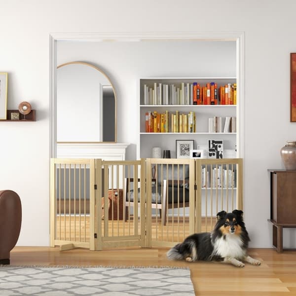 Rootz Dog Gate med dörr - Husdjursbarriär av trä - Massiv furu - Fristående design - Vikbara paneler - 220 cm x 36 cm x 91 cm