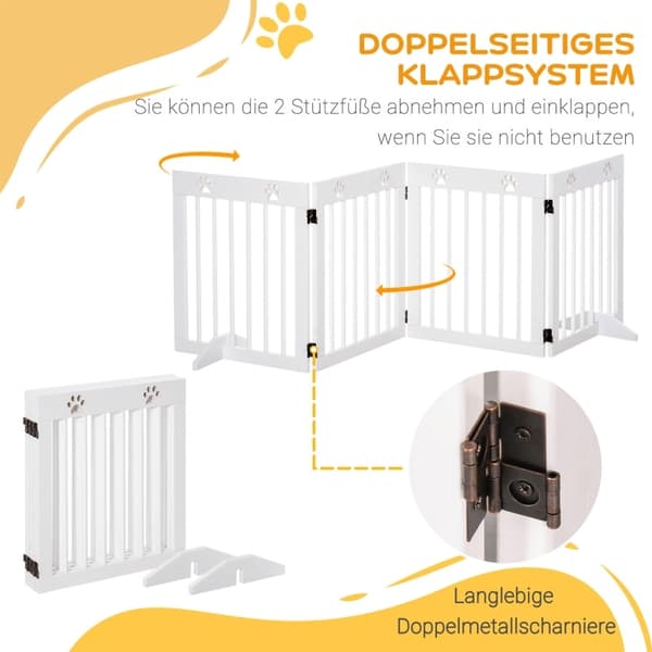 Rootz Pet Gate Barrier - Hundevagt af træ - Foldelig sikkerhedslåge - Robust fyrretræ - Sødt potemønster - 204 cm x 30 cm x 61 cm