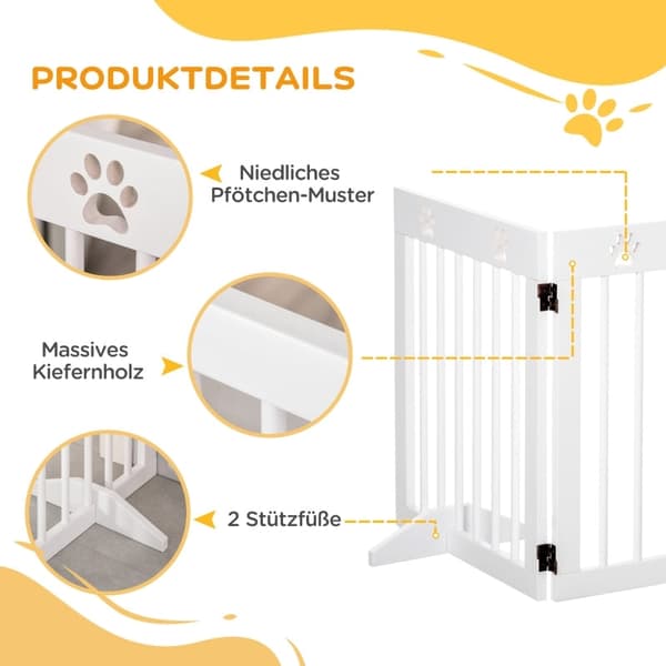 Rootz Pet Gate Barrier - Hundevagt af træ - Foldelig sikkerhedslåge - Robust fyrretræ - Sødt potemønster - 204 cm x 30 cm x 61 cm
