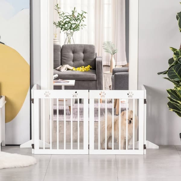 Rootz Pet Gate Barrier - Hundevagt af træ - Foldelig sikkerhedslåge - Robust fyrretræ - Sødt potemønster - 204 cm x 30 cm x 61 cm