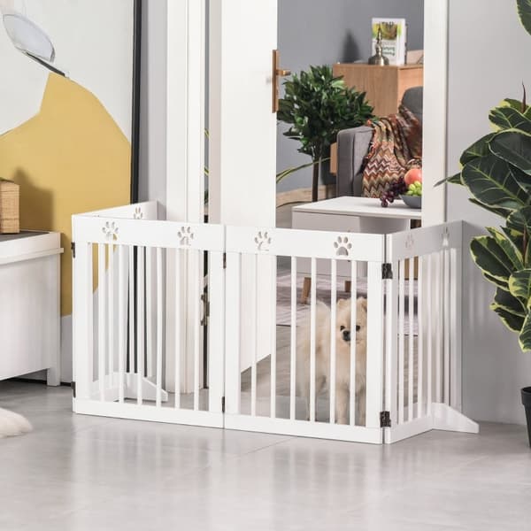 Rootz Pet Gate Barrier - Hundevagt af træ - Foldelig sikkerhedslåge - Robust fyrretræ - Sødt potemønster - 204 cm x 30 cm x 61 cm