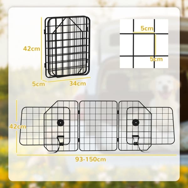 Rootz Car Dog Gate - Justerbar Pet Safety Divider - Foldbar rejsebarriere - Stålkonstruktion - 93-150 cm x 42 cm - Sort