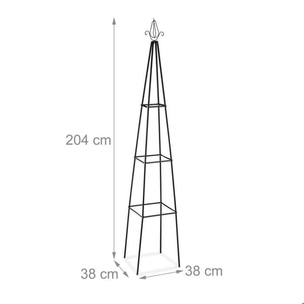 Relaxdays spaljé pyramide, 204 m hög, stöd för klätterväxter, i metall, stabil, rosenträdgård, svart