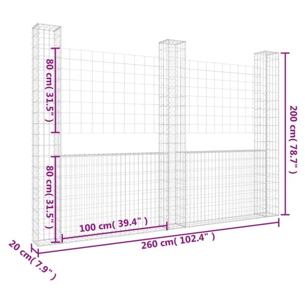 gabionkurv med 3 stolper 260x20x200 cm U-facon jern