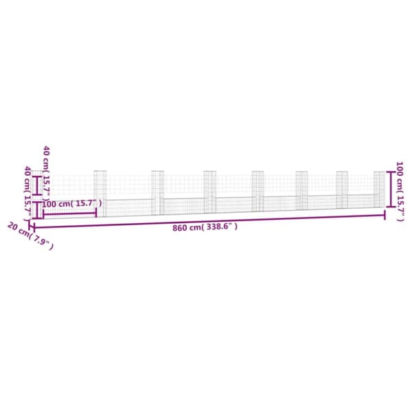 gabionkurv med 8 stolper 860x20x100 cm U-facon jern