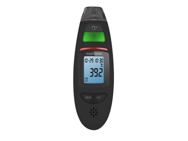 Medisana TM 750, Kaukolämpömittari, Musta, Korva, Otsa, Painikkeet, °C, Ruumiinlämpötila, Pintalämpötila