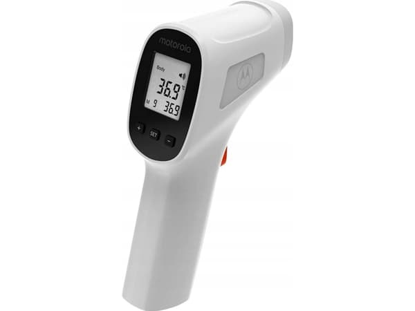 Motorola TE-93, termometer med fjerndeteksjon, hvit, panne, knapper, °C, °F, kroppstemperatur