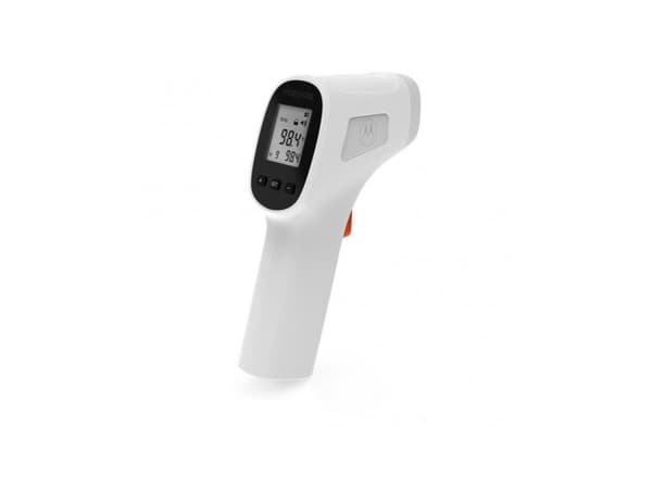 Motorola TE-93, termometer med fjerndeteksjon, hvit, panne, knapper, °C, °F, kroppstemperatur