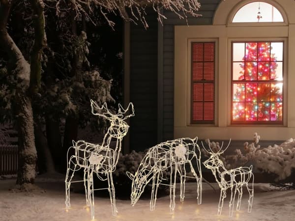 Sæt med 3 Juledekorationer i Hvid PVC og Jern 76 x 197 cm Animeret LED Fe Lys Rensdyr Indendørs Udendørs Julestatuer Bevægelige Dele med Knap